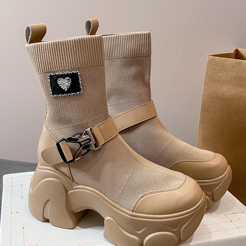 Platform Mid Slip-on Knitted Elastic Boots for Women - true deals club