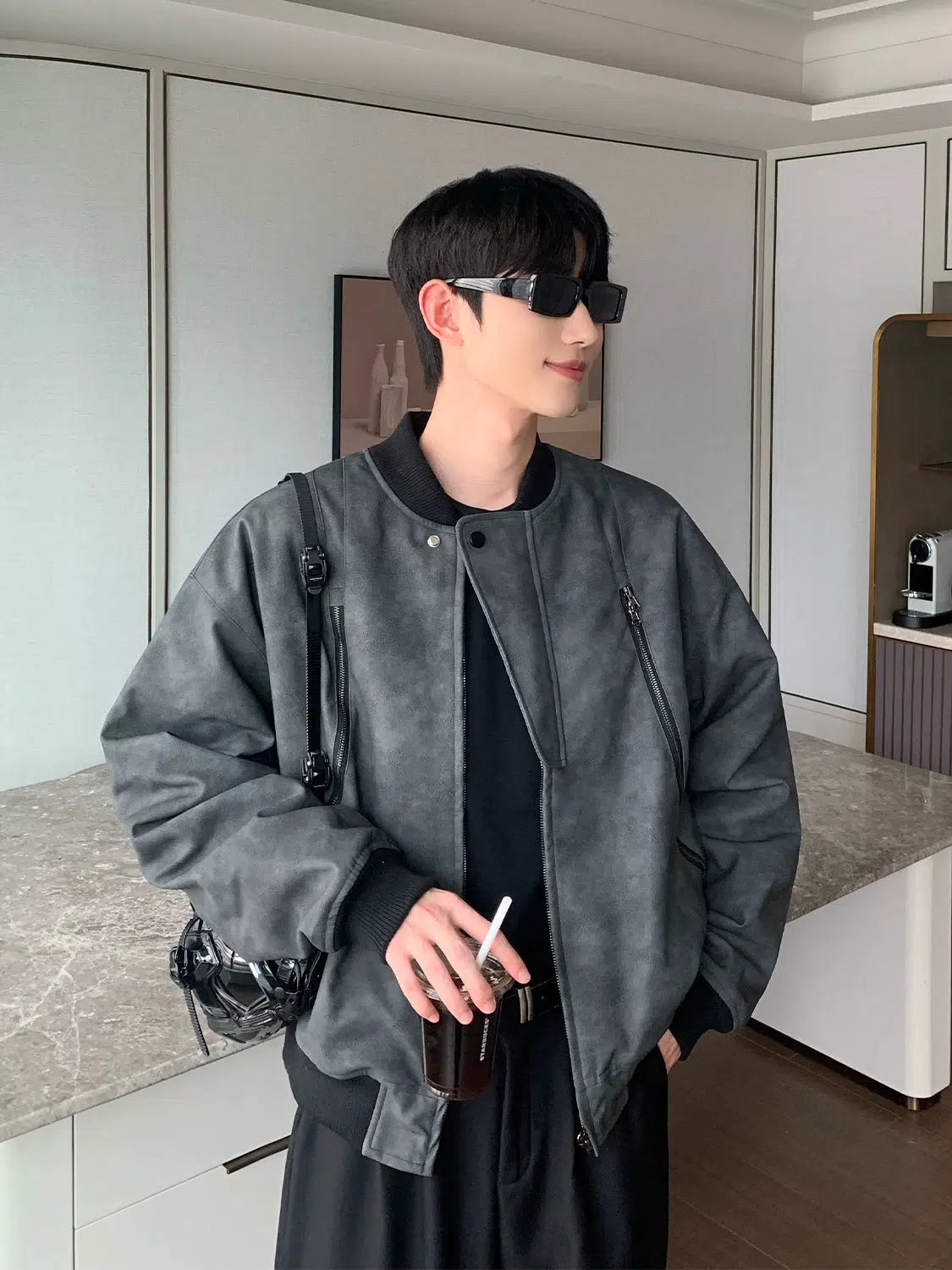 Maxct Washed Baseball Full Zip PU Leather Jacket