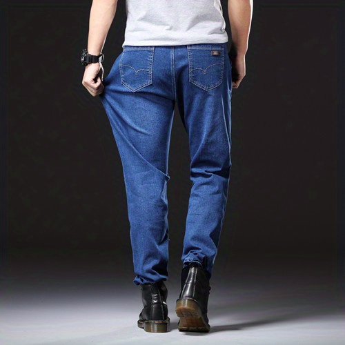Plus Size Stretch Jeans, Men's Loose Straight Leg Denim Trousers