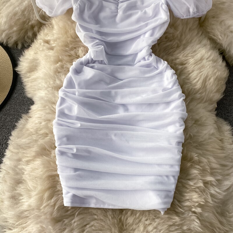 Sexy Mesh Draped Bodycon Dress Women Elegant Square Collar Short Puff Sleeve Pleated Vestidos Female Summer