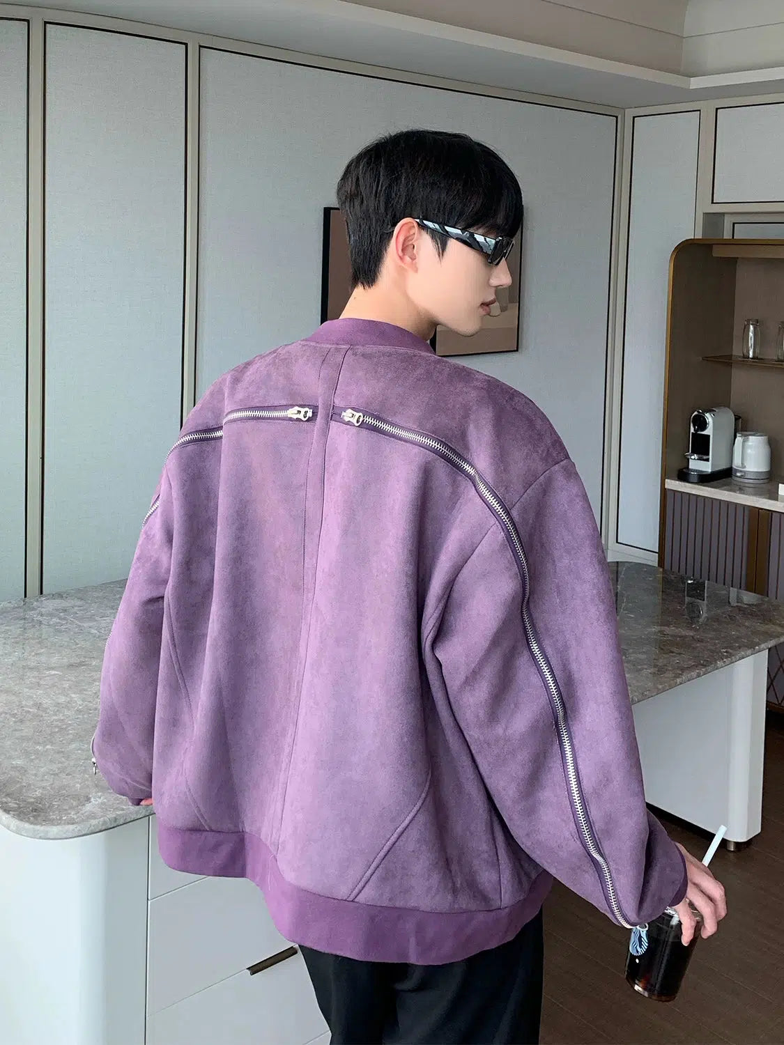 Maxct Zipper Velvet Suede Baseball Jacket