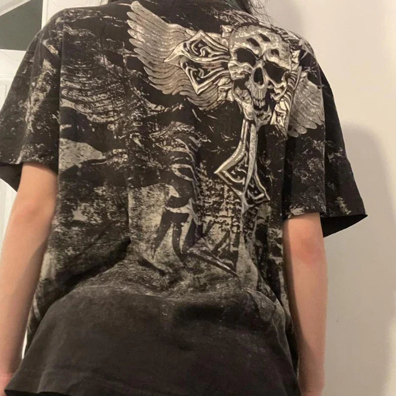 Maxct E Girl Graphic Short Sleeve Tops Gothic Skulls Print T Shirt Tees Harajuku Grunge Vintage Pullovers Y2K Retro Mall Goth Clothes