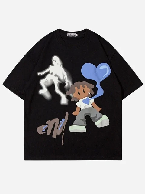 Maxct Y2K Hip Hop Letter Printed T Shirt Cartoon Printed Oversized Tops New Harajuku Fashion Casual All Match Loose Tops Streetwear