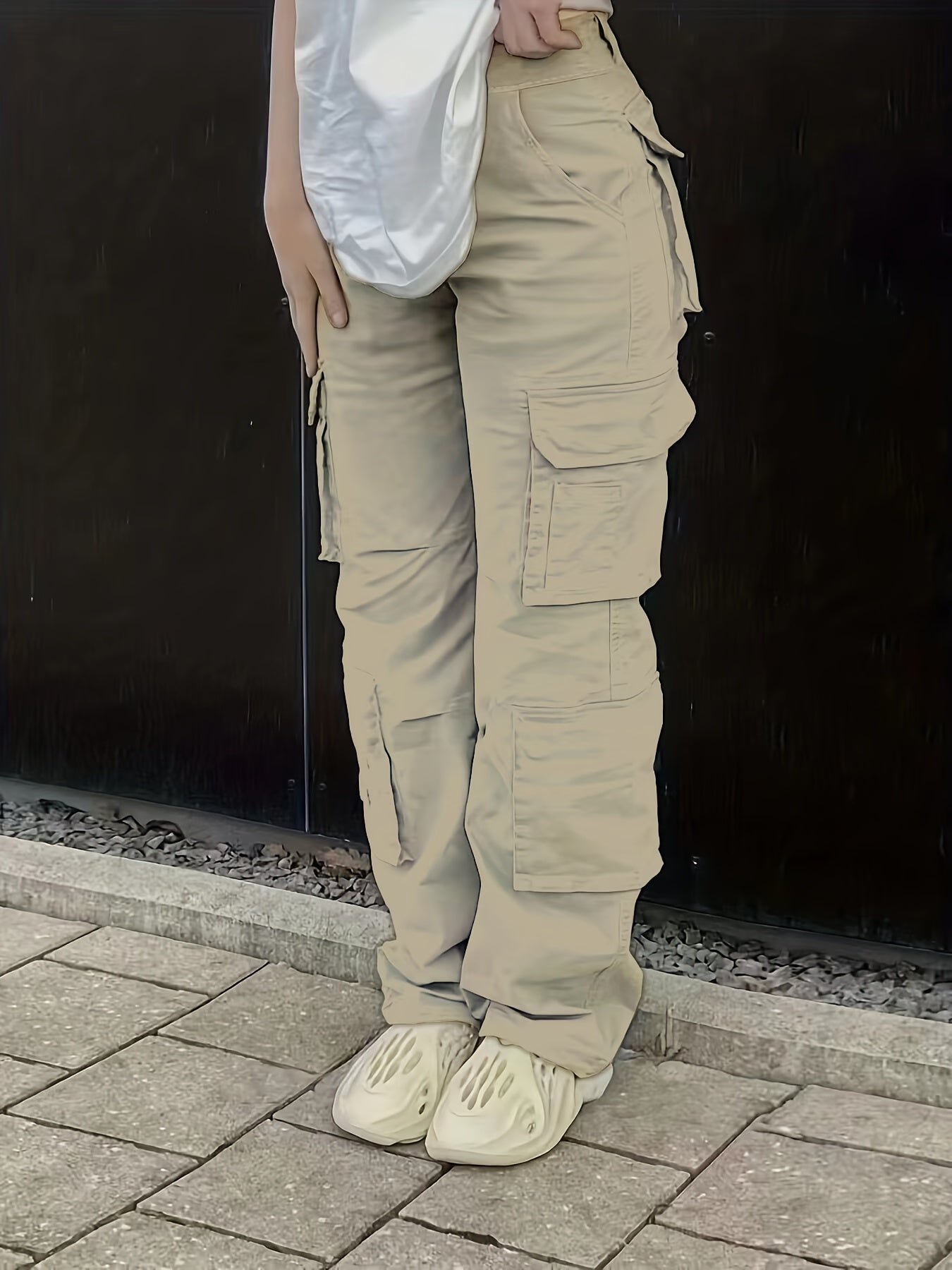 Maxct Plain High Rise Cargo Denim Pants, Loose Solid Color Retro Cargo Jeans, Street Casual Style, Women's Denim Jeans & Clothing