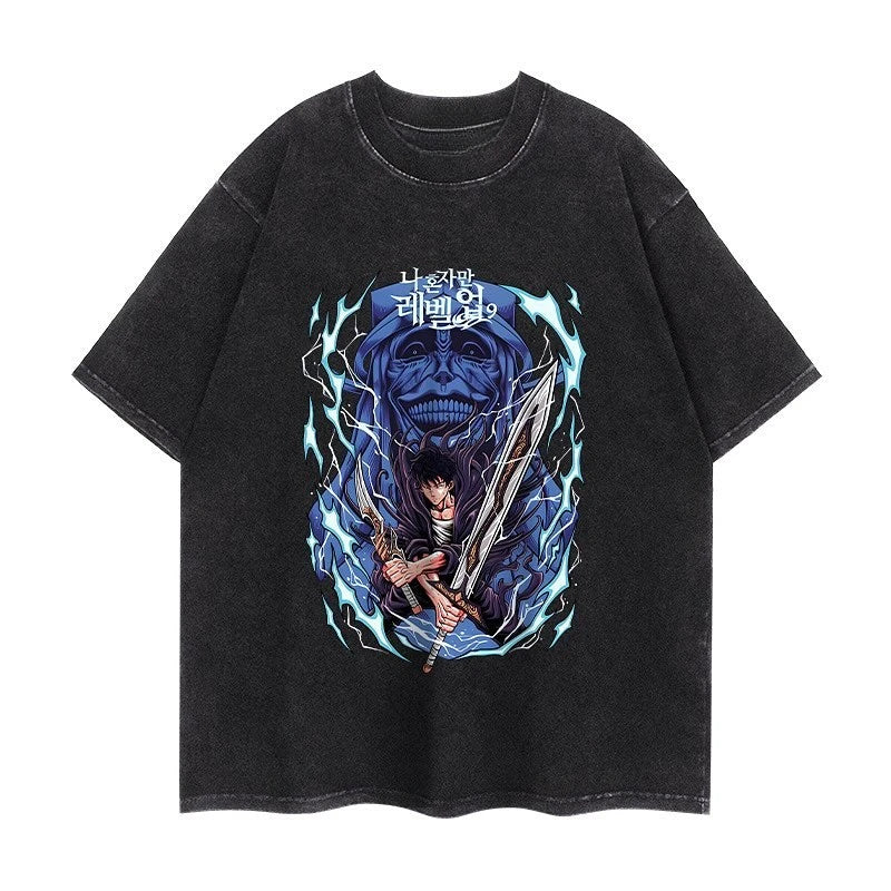 Maxct 90s Streetwear Solo Leveling Anime T Shirt Men Harajuku Printed Pattern Men Clothing Streetwear Oversized Tops Graphic Cotton Short Sleeve