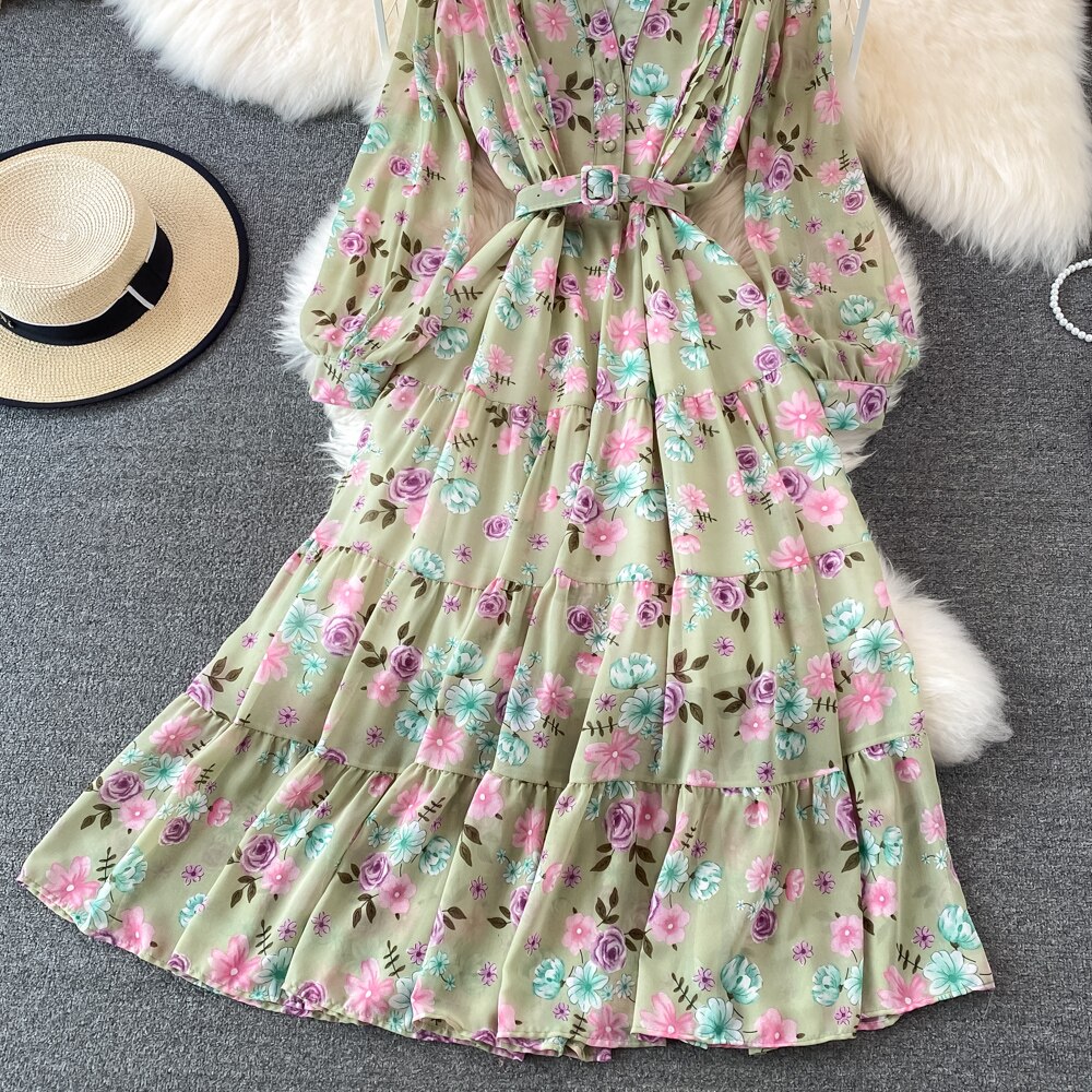 Floral Midi Dress Women Elegant V-Neck Lantern Long Sleeve High Waist Draped A-Line Casual Vestidos Female Spring Autumn