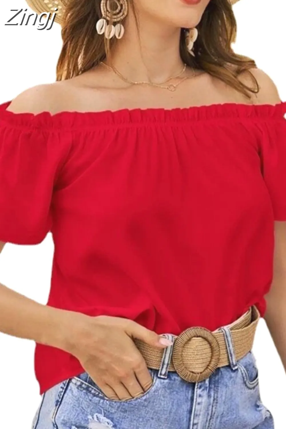 Women's Ruffled Off-Shoulder Short-Sleeve Blouse