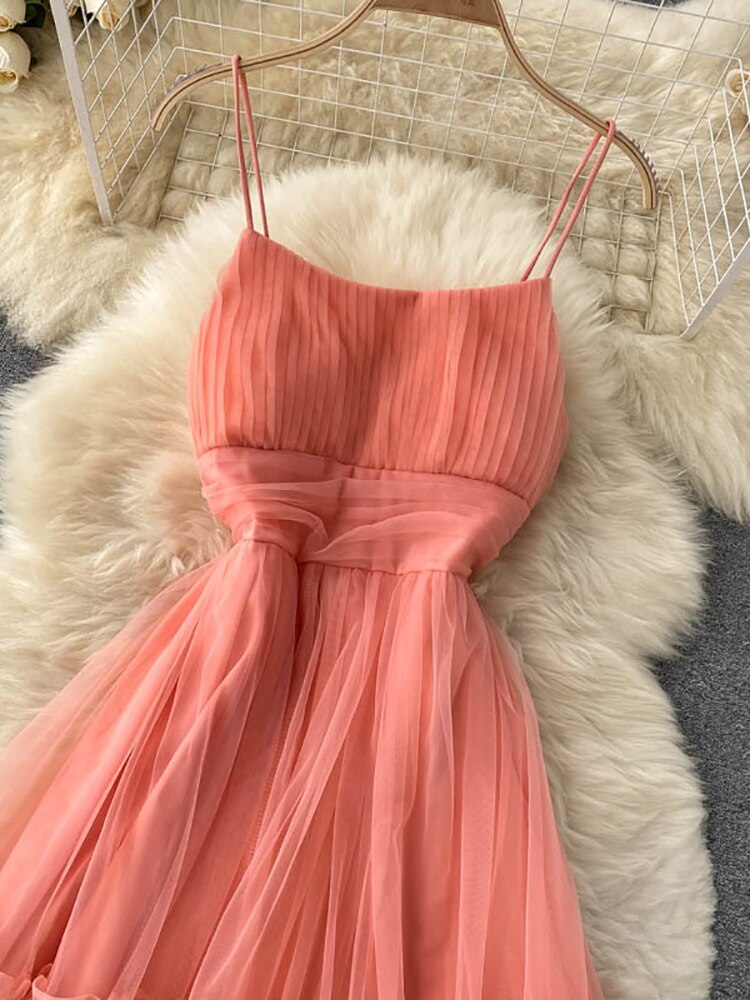 Maxct Women Sexy Mesh Spaghetti Strap Long Dress Summer Orange/Purple/Blue/Pink Ruffle A-Line Beach Robe Female Elegant Party Vestidos
