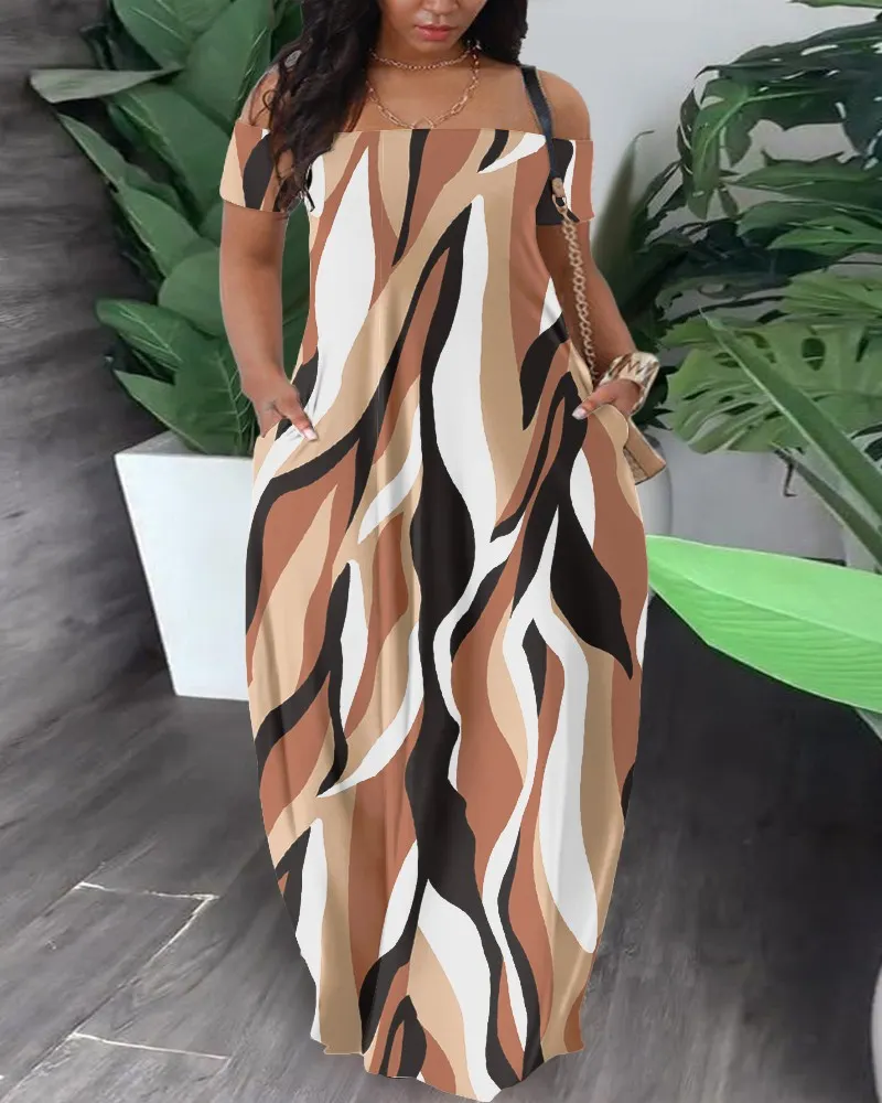 Maxct Summer New Women's Fashion Leisure Sexy Print Bare Shoulder Dress
