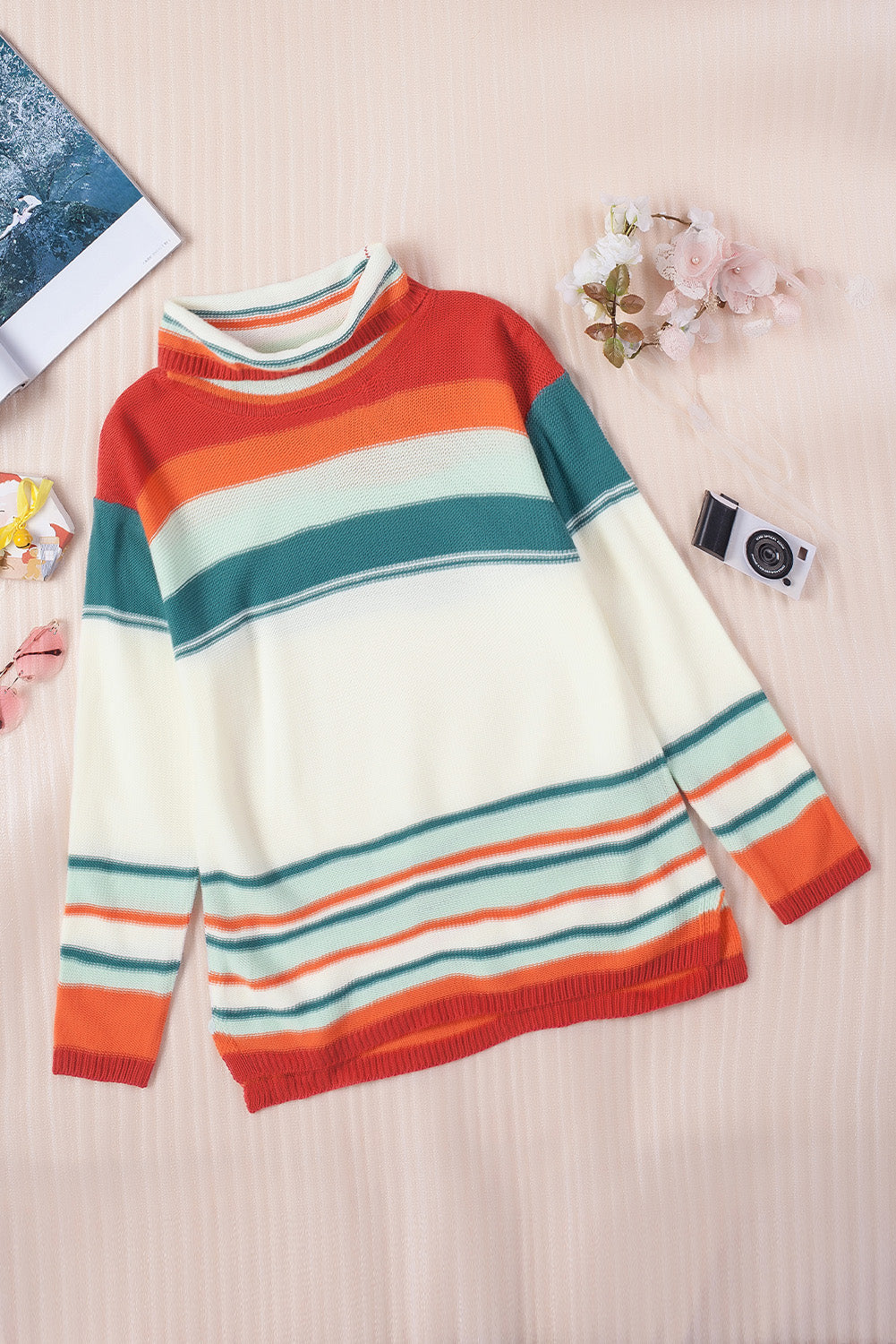 Maxct &Contrast Striped Turtleneck Dropped Shoulder Sweater