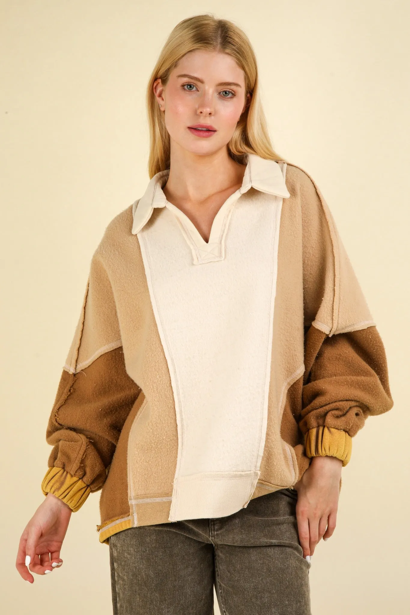 Maxct &VERY J Color Block Johnny Collar Frenchy Terry Sweatshirt