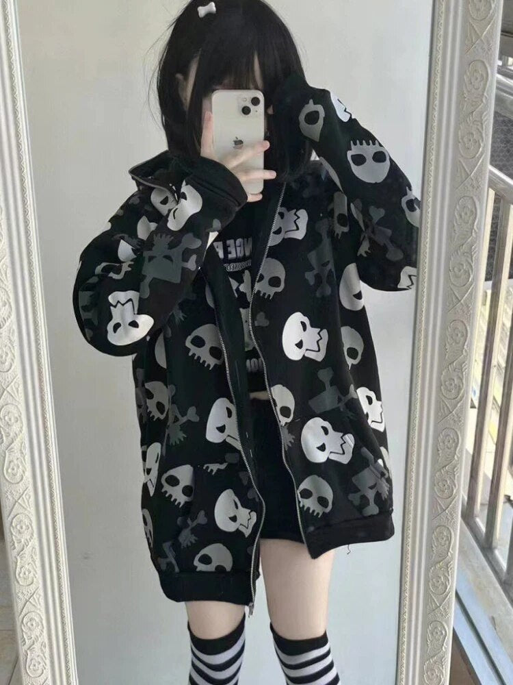 Skull Zip up Hoodie for Women Maxct