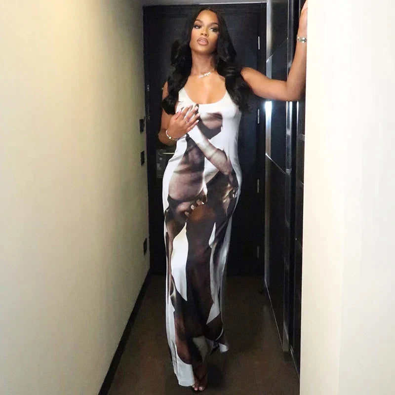 Maxct- Women Abstract Sexy Seduce Printed Dress Tank Camisole Sleeveless Dresses Wild Printed Casual Wear Streetwear Outfit