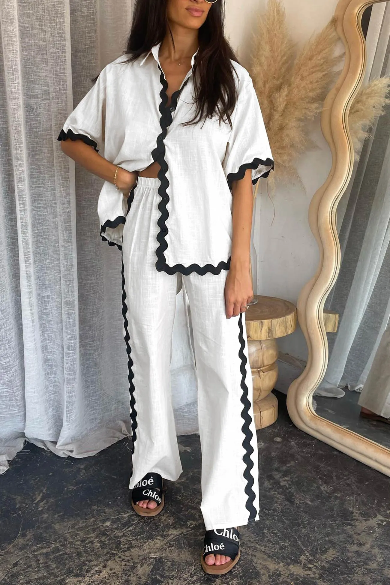 Maxct Wavy Stitching Blouse Long Pants Set