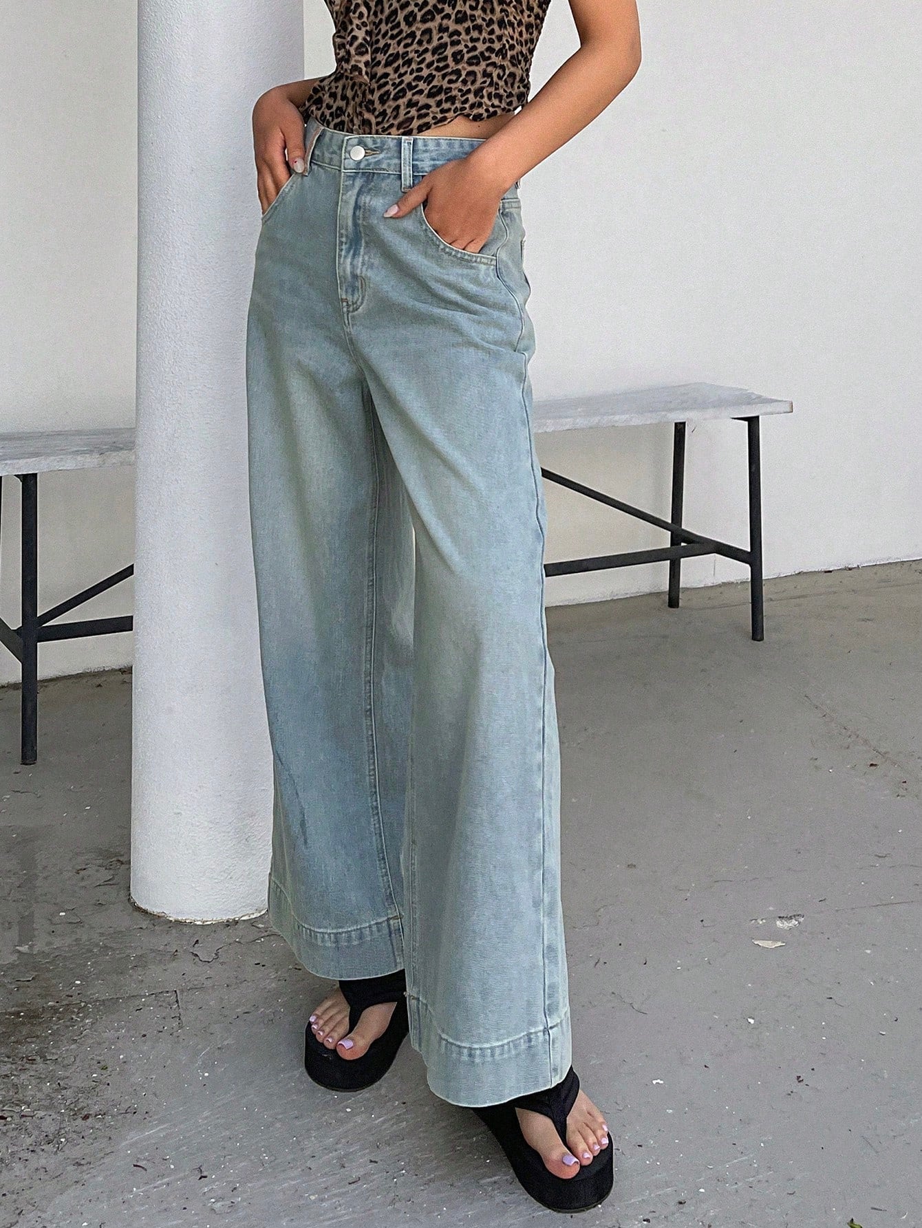 Maxct Women's Loose Fit Casual Wide-Leg Denim Pants With Pockets
