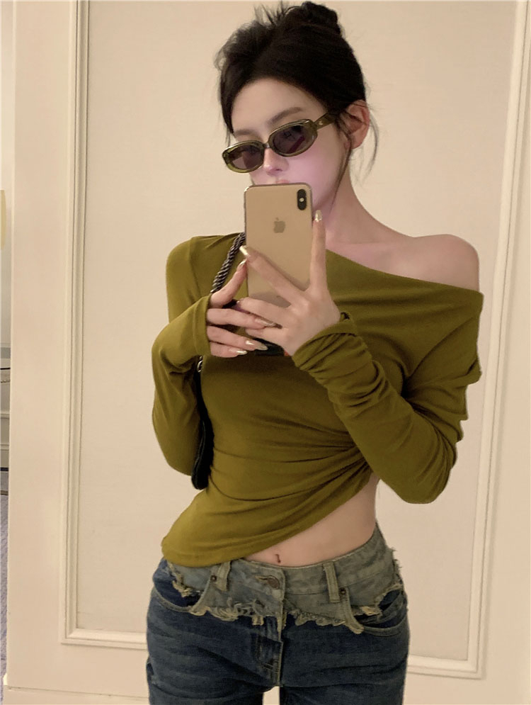 Black Solid Slash Neck Elegant Long Sleeve Tops Fashion Slim Sexy Cropped T Shirt Skinny Women Y2k Clothing Autumn Casual Shirts