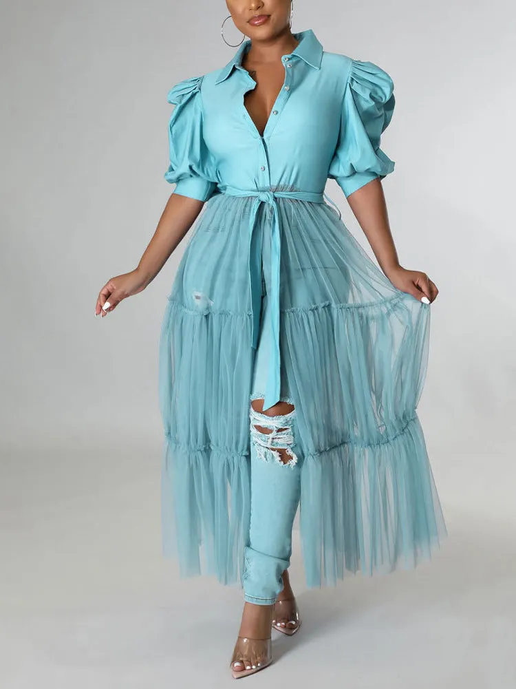 Long Sleeve Mesh Shirt Dress with Belt Maxct