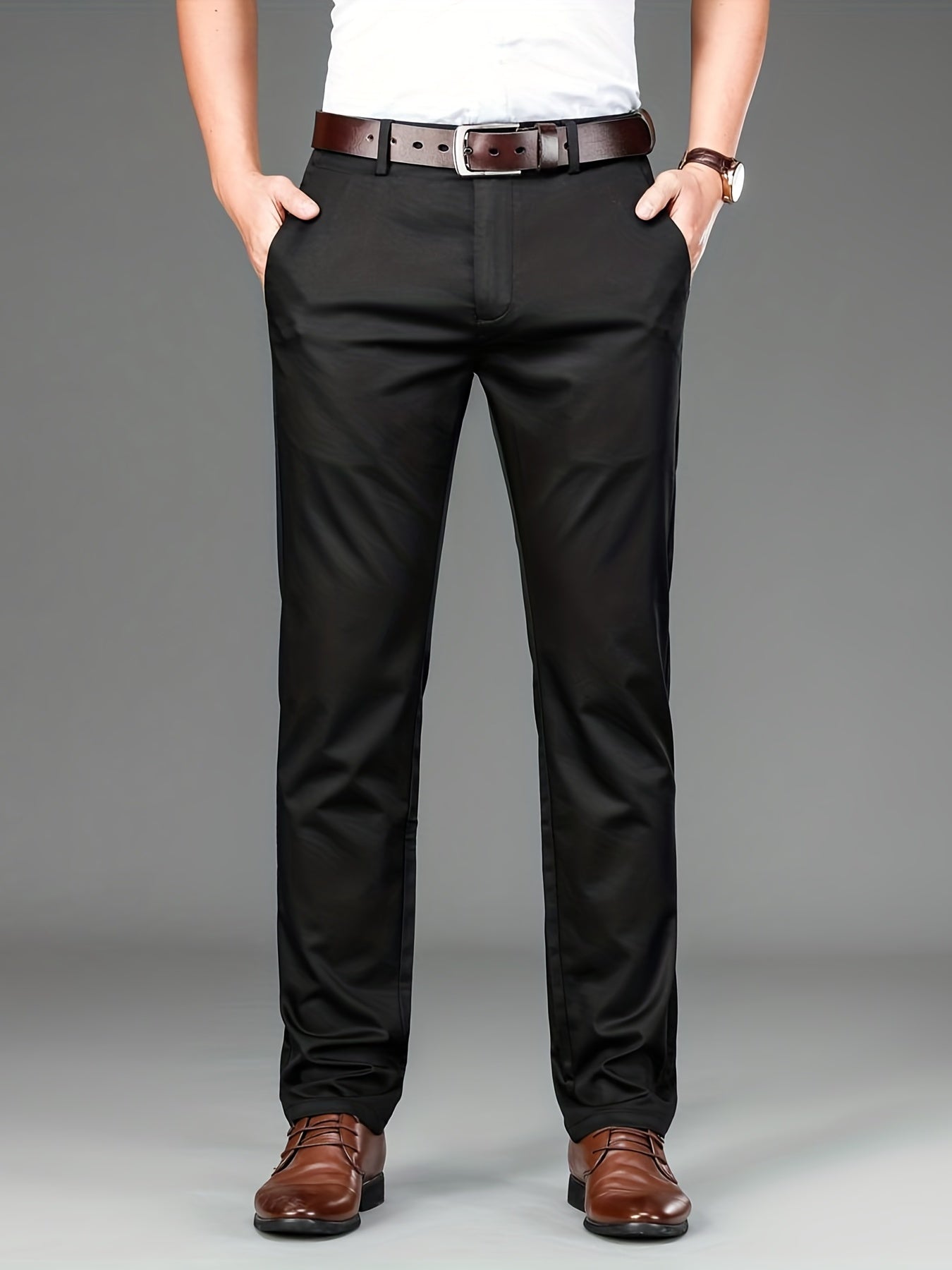 Maxct  Classic Design Dress Pants, Men's Formal Solid Color Mid Stretch Dress Pants For Spring Summer Business