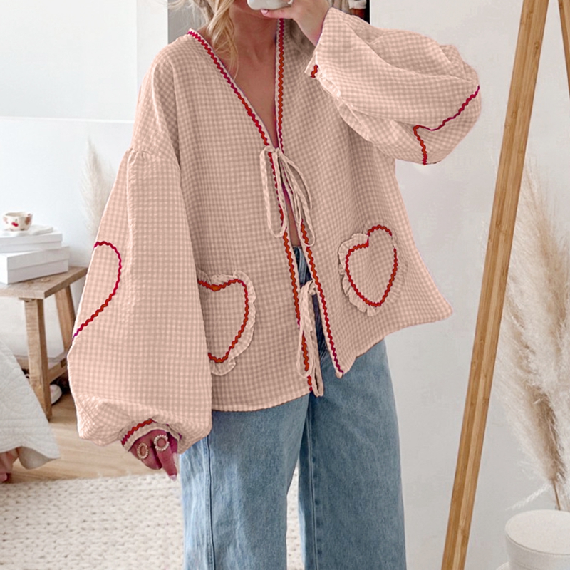 Y2K Vintage Long Sleeve T-shirts Heart Patched Plaid Front Bowknot Tie-Up Blouses Women Fashion Elegant Casual Loose Fit Tops