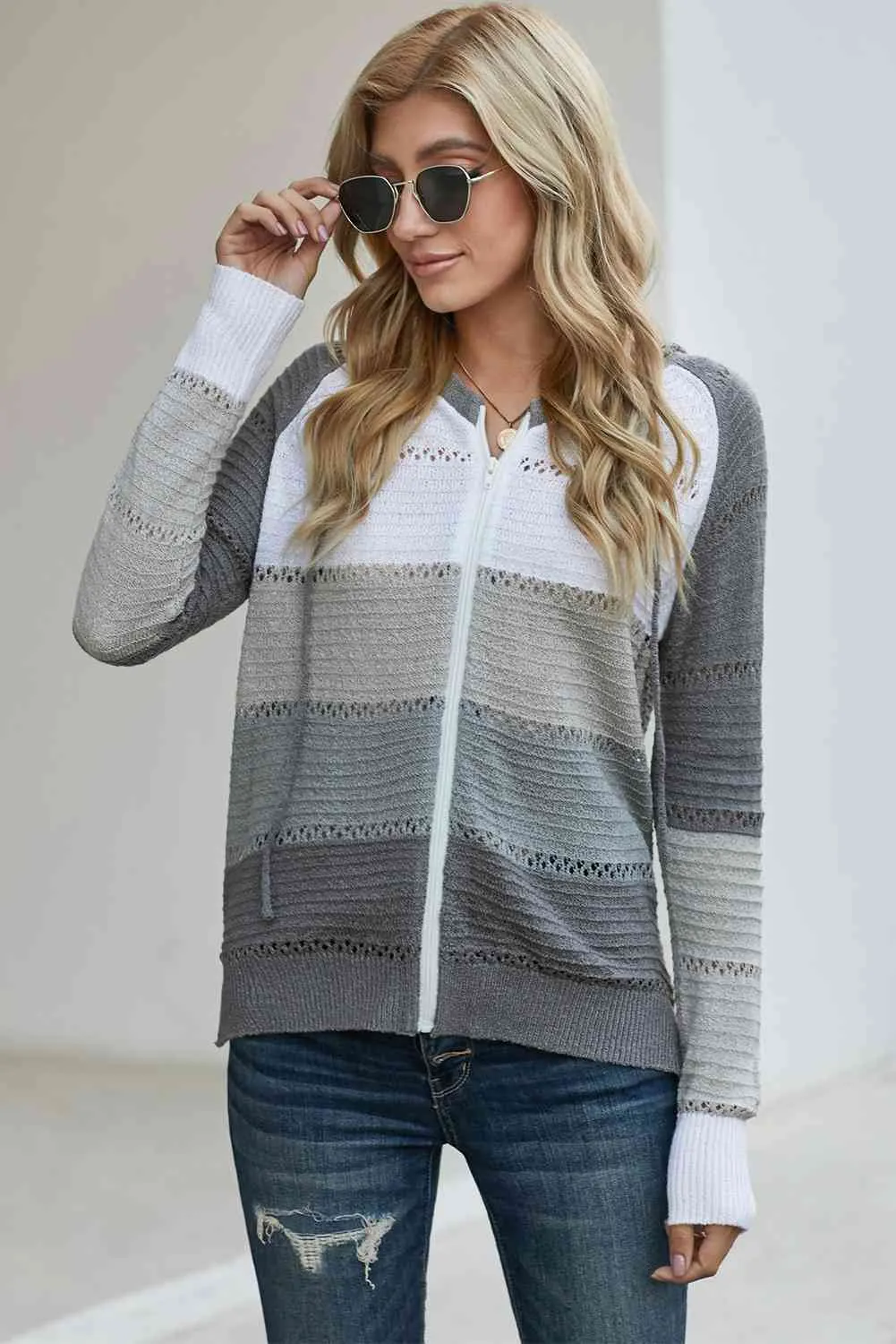 Maxct &Zip-Up Raglan Sleeve Openwork Hooded Cardigan - Image 8