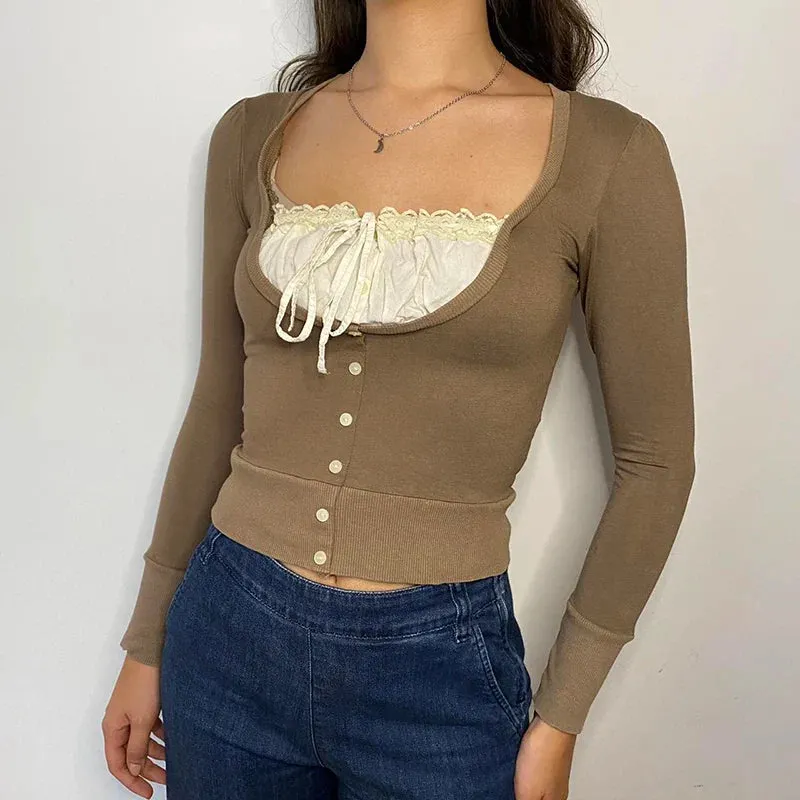 Maxct Preppy Vintage Button Long Sleeve T-shirt Aesthetic Retro Kawaii Lace Trim Crop Top Y2K Fairy Grunge Milkmaid Tees Streetwear