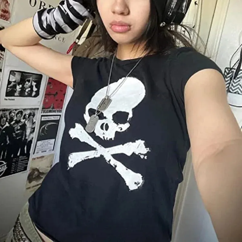 Maxct Punk Style Hip Hop Crop Top Harajuku Skeleton Graphic T-shirt Gothic Grunge Hollow Out Tees Women Vintage Clothes