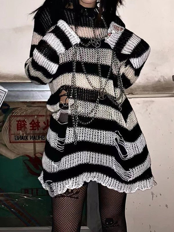 Gradient Striped Distressed Long Sleeve Mini Dress Maxct