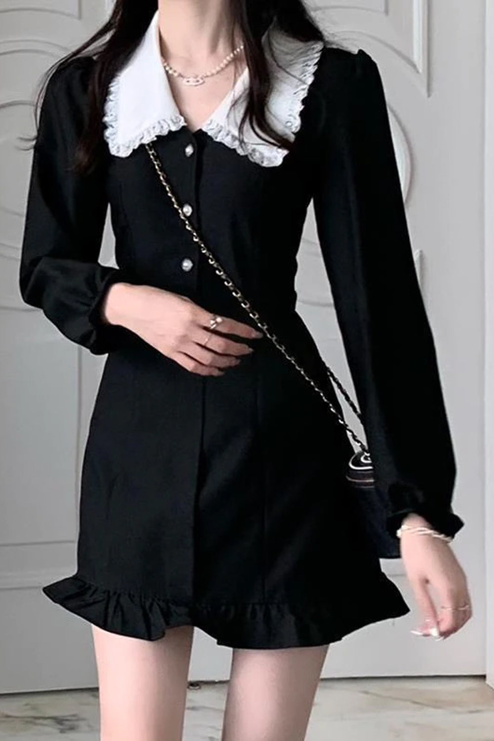Long Sleeve Peter Pan Collar Ruffle Mini Dress Maxct