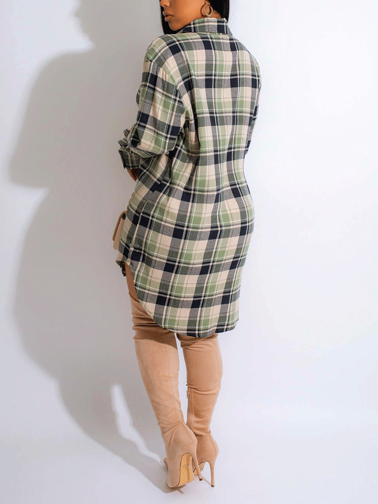 Long Sleeve Plaid Buckle Shirt Dress Maxct