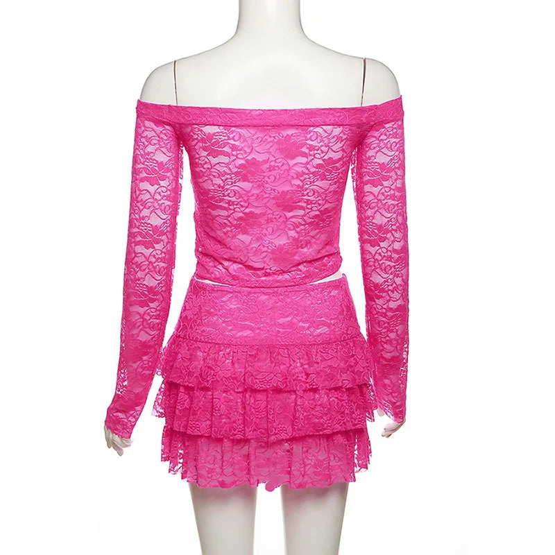 Sheer Lace Pink Two Piece Set Tiered Mini Skirt And Top Y2k Chic Outfits for Long Sleeve Dresses Maxct