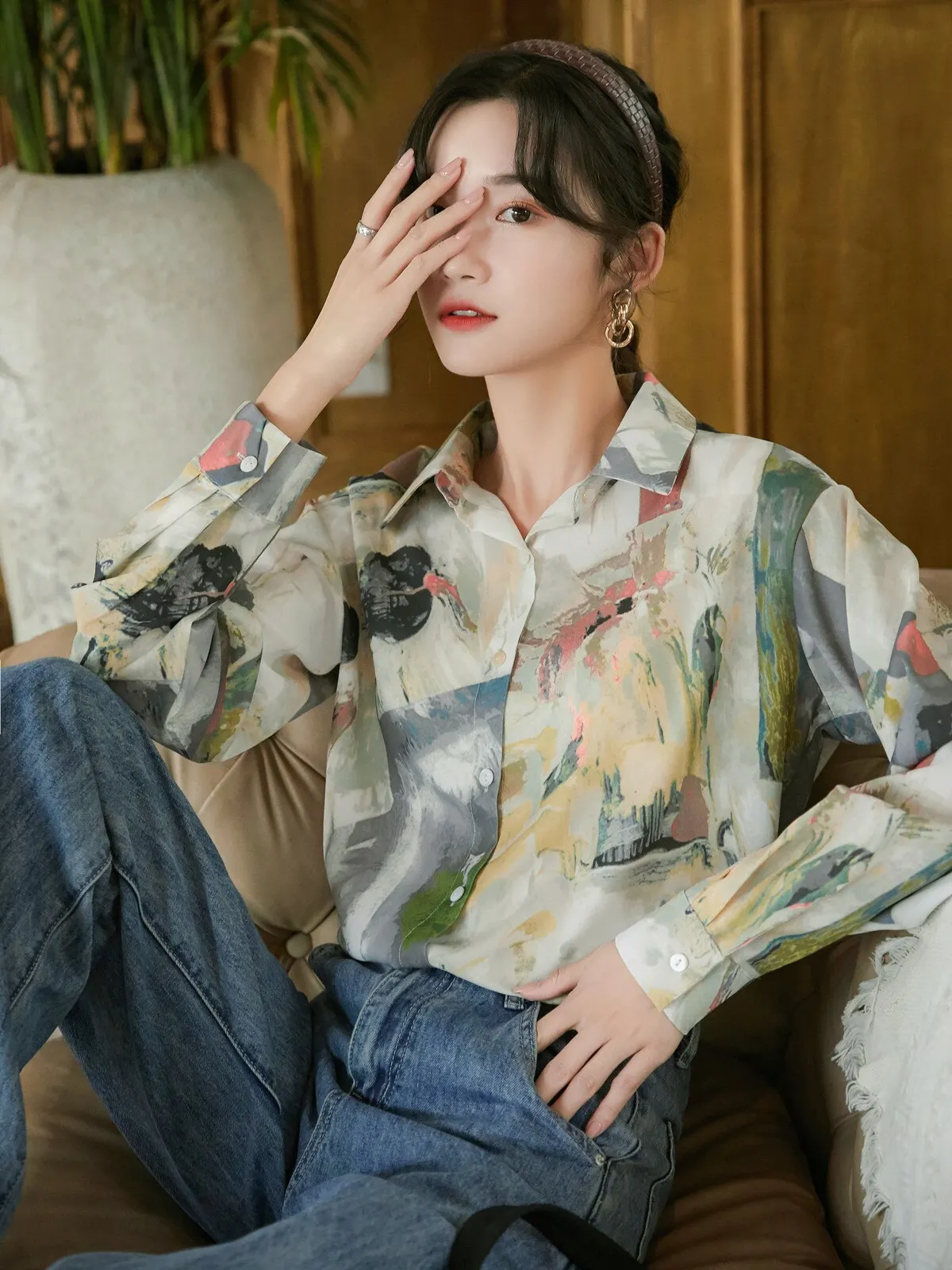 Women's Abstract-Print Relaxed Button-Up Blouse