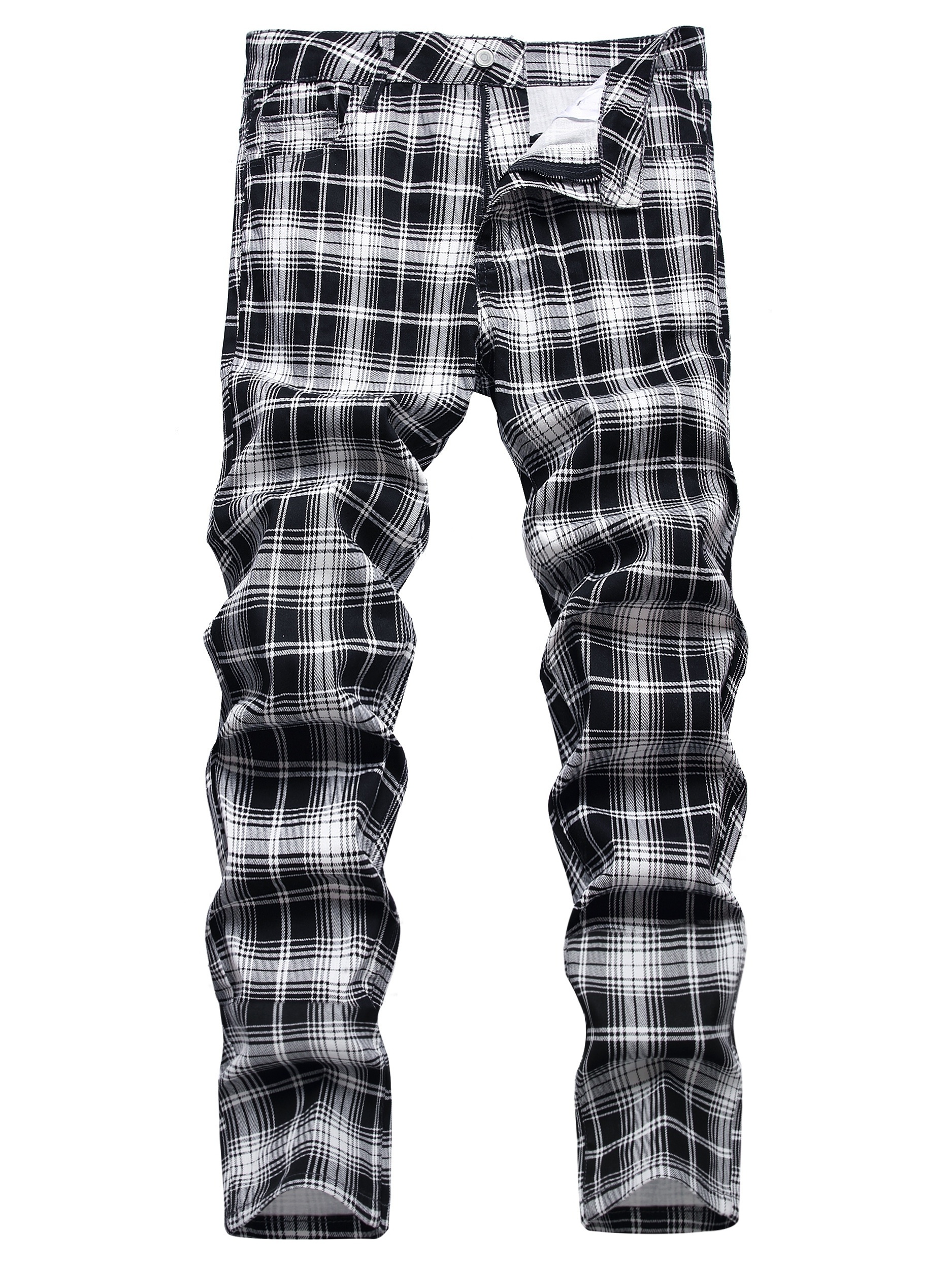 Plaid Pattern Slim Fit Jeans, Men's Casual Mid Stretch Chic Jeans For The Four Seasons