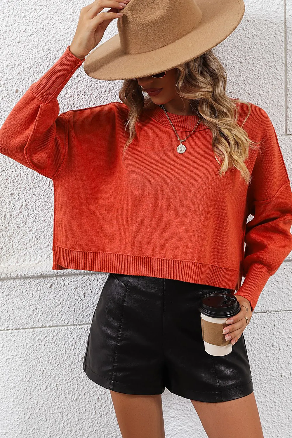 Maxct &Round Neck Dropped Shoulder Pullover Sweater