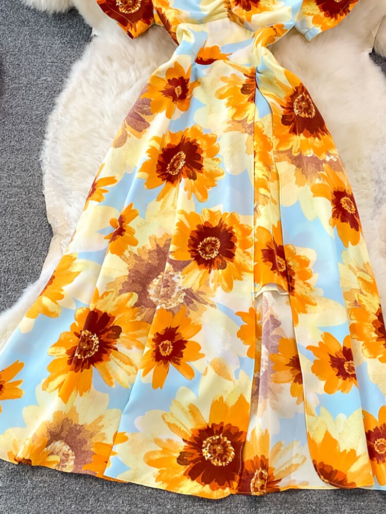 Vintage Women Printed Dresss Sexy Square Collar Short Puff Sleeve High Waist A-Line Vacation Beach Vestidos Female New