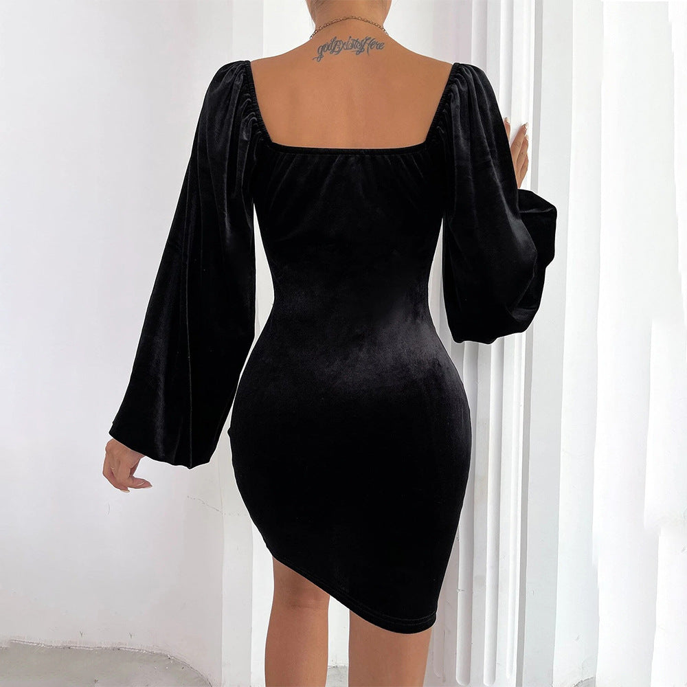 Vintage Puff Sleeve Square Neck Velvet Party Mini Dress - Black Maxct