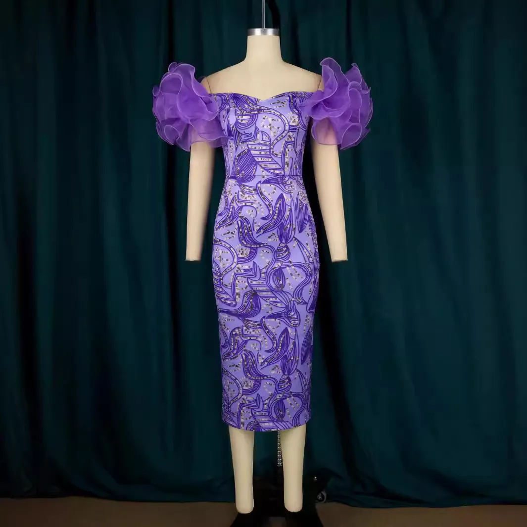 Maxct Am0631 Mesh Sleeve Stitching Printed Hip Skirt Midi Dress Party Evening Dress Dress Women Dress