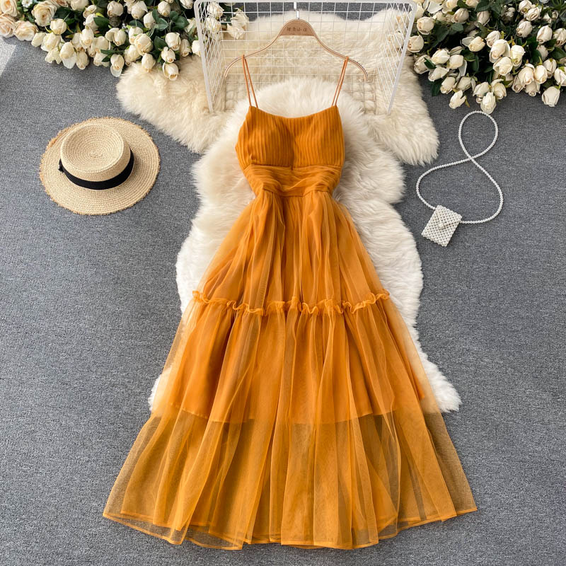 Women's Sexy Mesh Spaghetti Strap Long Dress Summer Orange/Purple/Blue/Pink Ruffle A-Line Beach Robe Female Elegant Party Vestidos