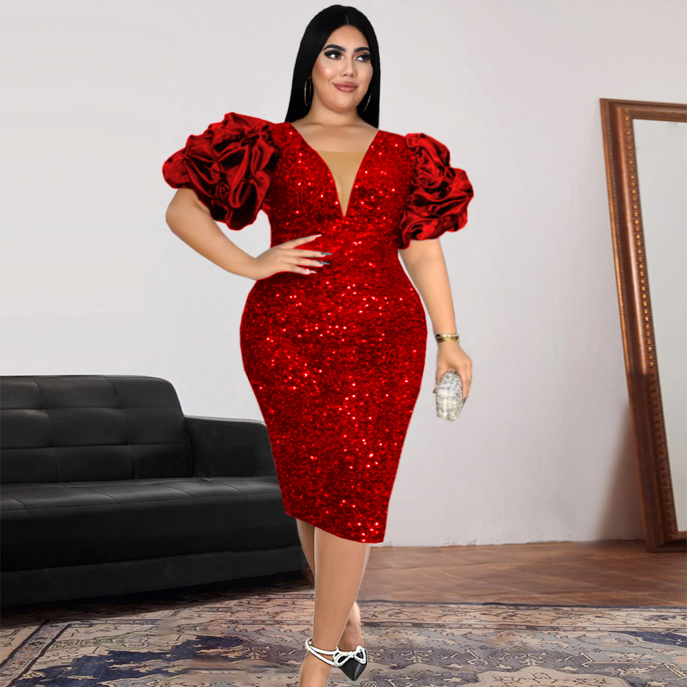 Maxct Am1117 Sexy V-neck Pile Sleeve Dress High Waist V Back Party Sequined Dress Dress Dresses