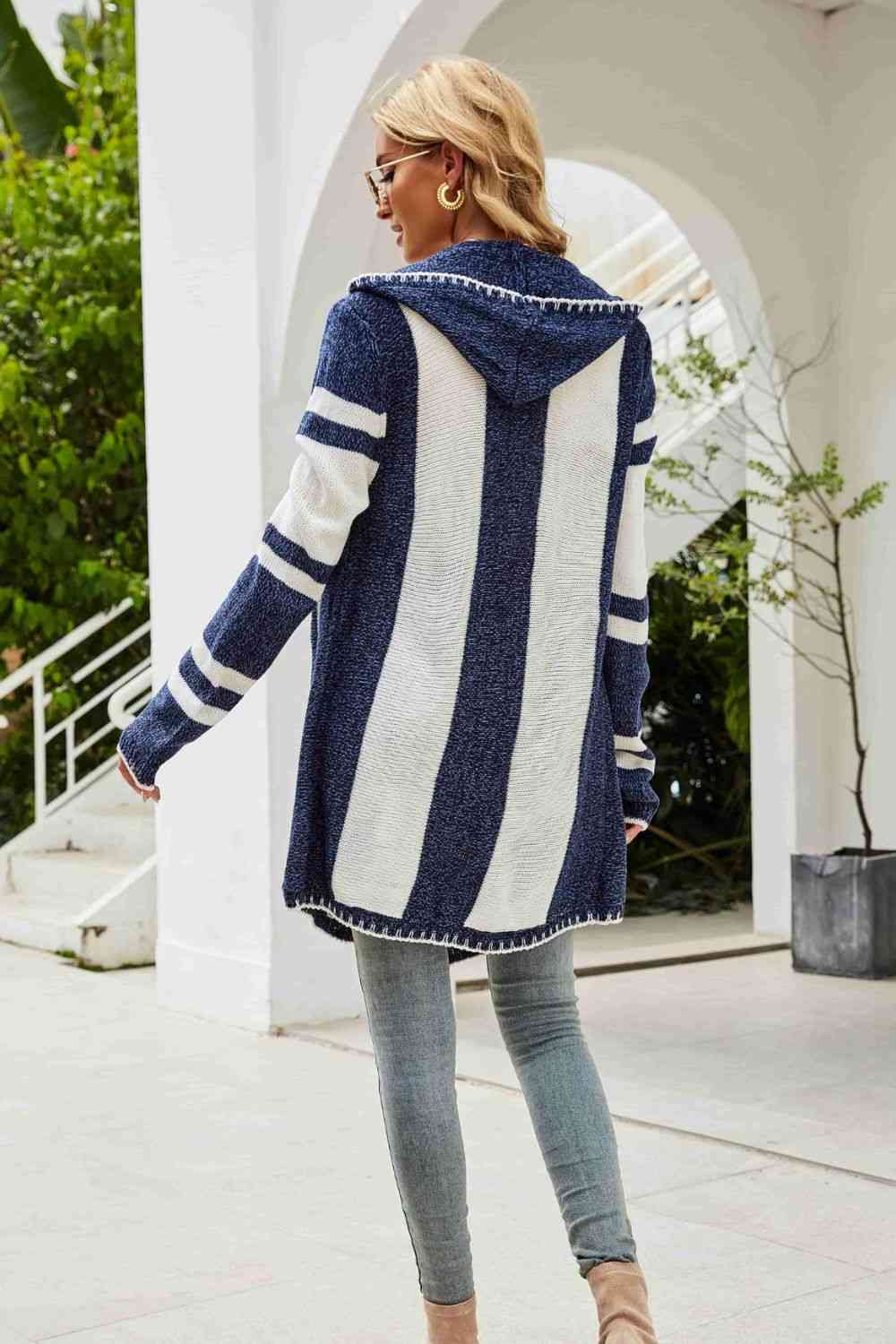 Maxct &Woven Right Striped Open Front Hooded Cardigan