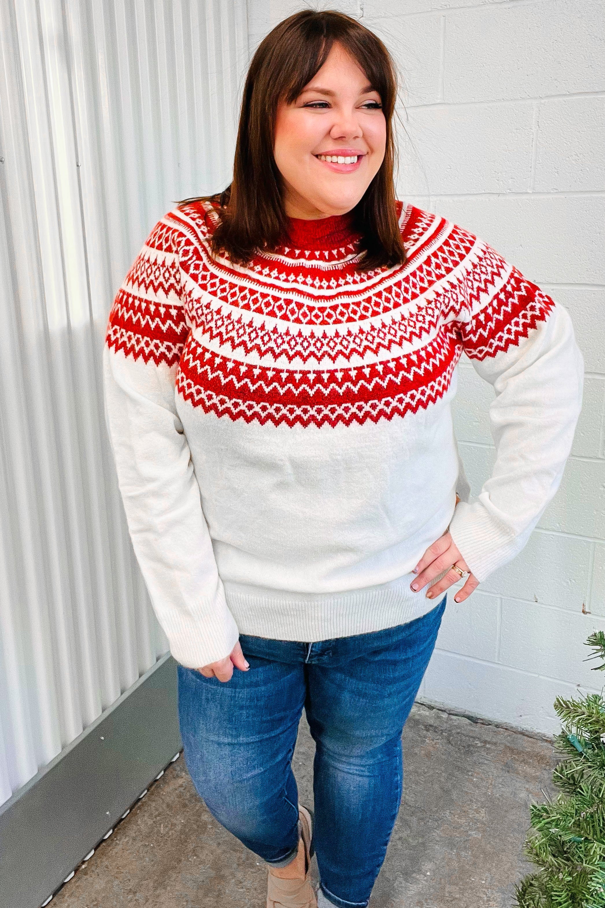 Maxct &Feeling Festive Ivory & Red Fair Isle Mock Neck Sweater