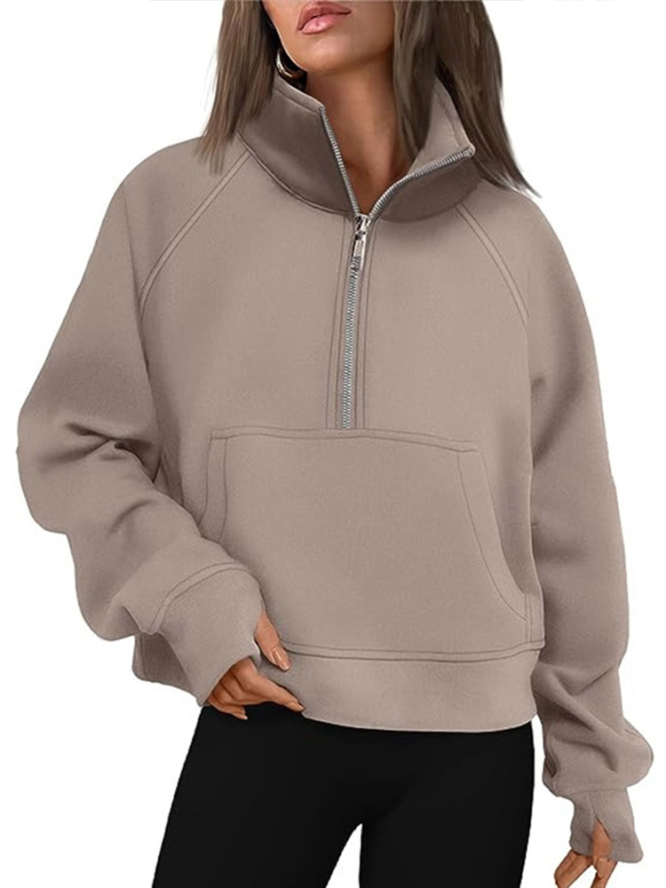 Maxct Casual Half Zipper Plush Hoodies Women Loose Solid Lapel Pockets Sweat Shirt Female Autumn Chic Warm Sports Yoga Outwear