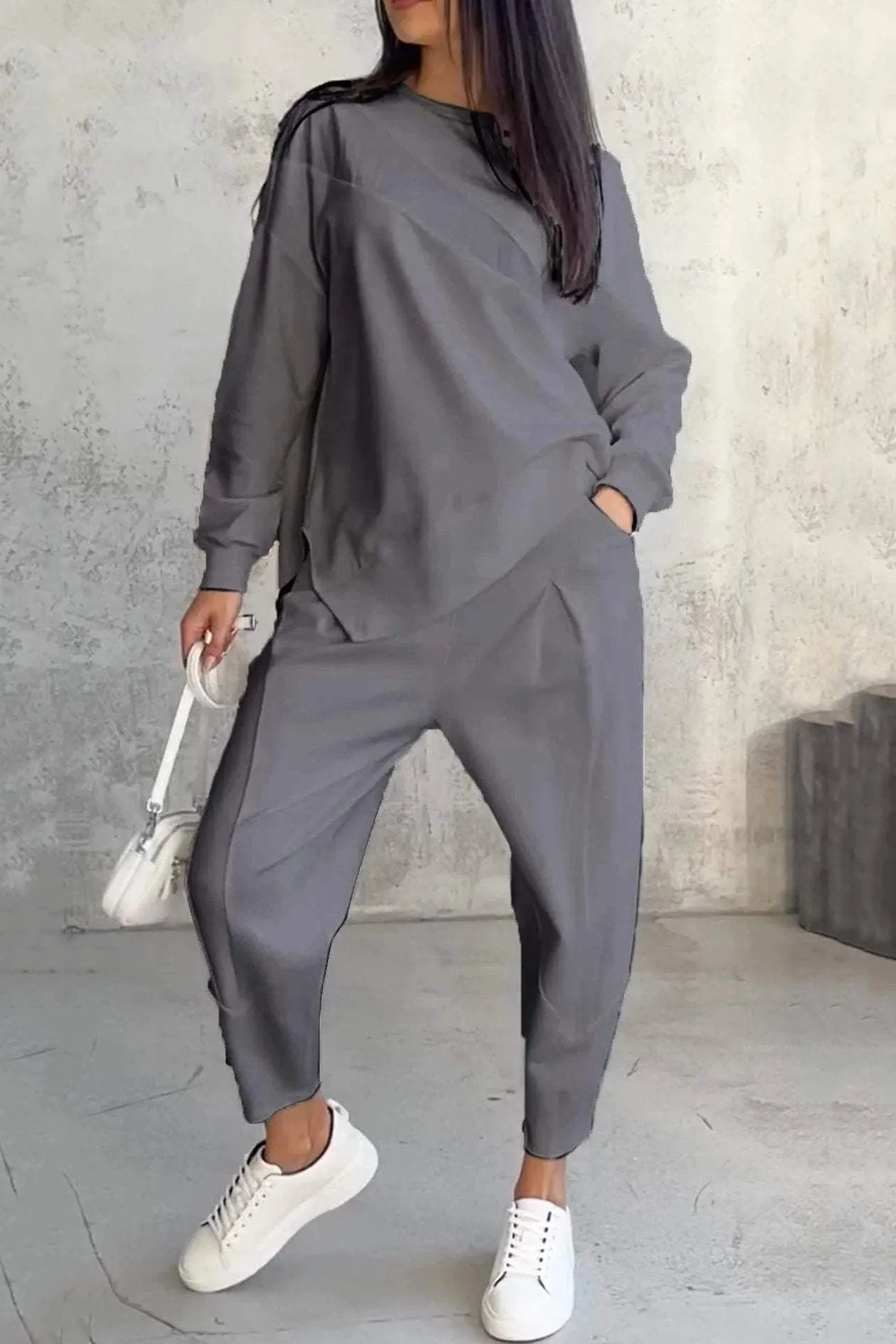 Maxct Crew Neck Irregular Hem Sweatshirt Suits