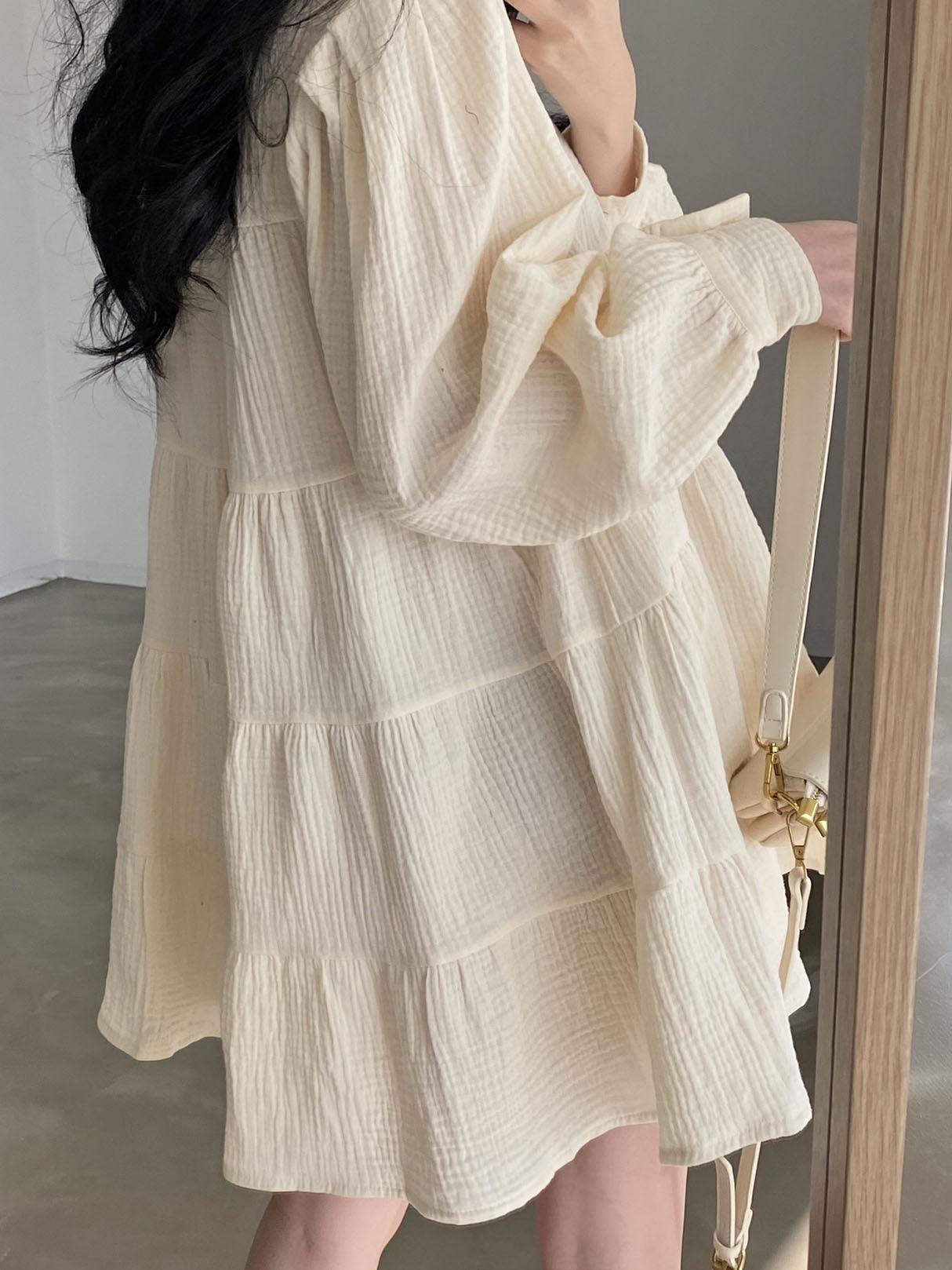 Maxct Lapel Pleated Loose Puff Sleeve Short Shirt Dress
