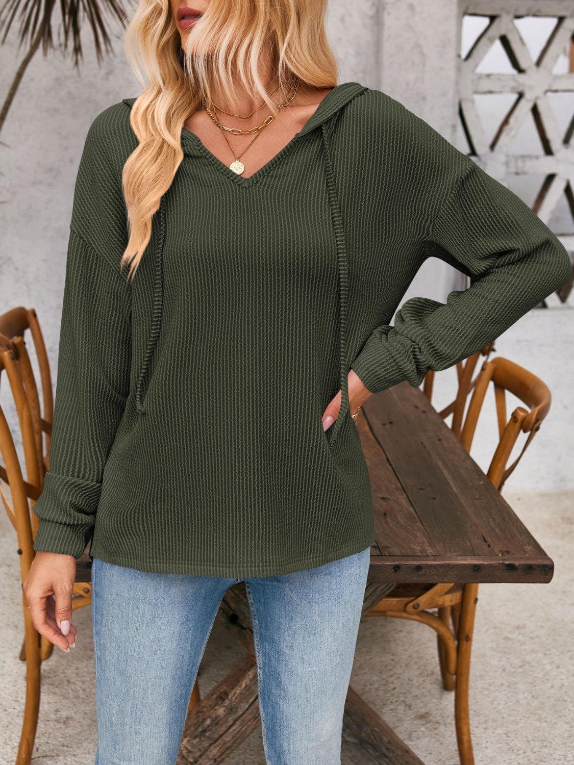 Maxct &Double Take Drawstring Dropped Shoulder Long Sleeve Hoodie