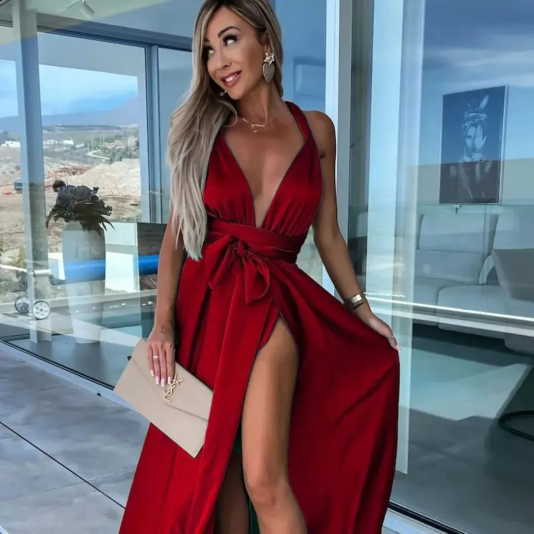 Maxct Summer Sexy Solid Casual Women Dress Sleeveless Deep V Tie Up High Split Long Dress Evening Party Elegant Lady Maxi Dress