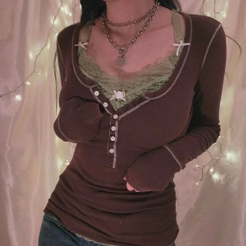 Maxct Y2K Fairy 90s Vintage V Neck Crop Tops Women 00s Retro Cottage Grunge T-shirt Autumn Ribbed Knitted Long Sleeve Slim Fit Tees