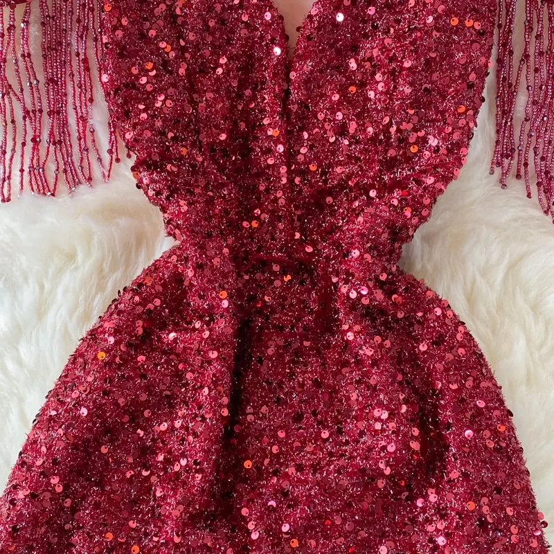 Sequins Party Maxi Dress For Women Sexy V-Neck Short Sleeve High Waist Tassel Long Robe Female Elegant Vestidos