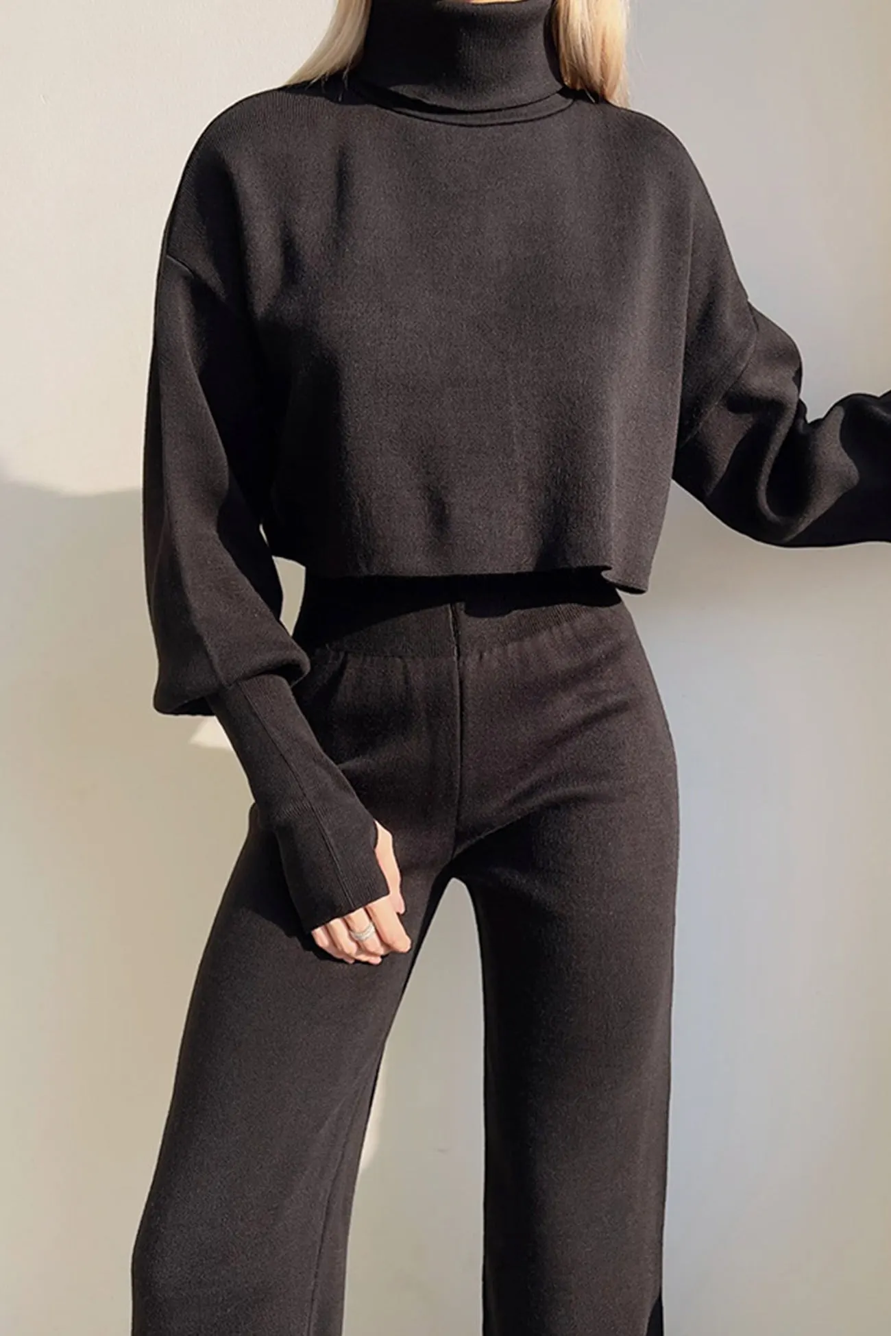 Maxct Solid High Neck Crop Top Long Pants Set