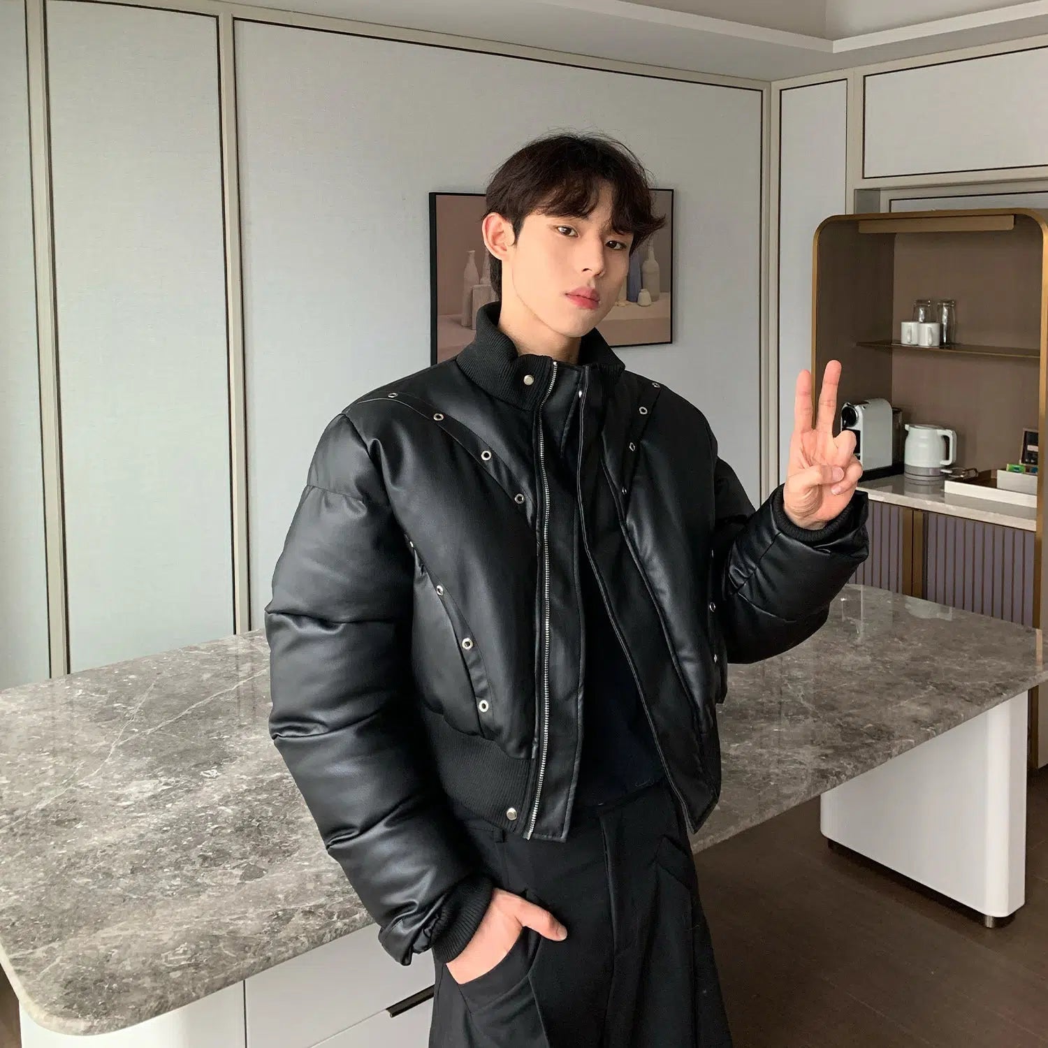 Maxct Baseball PU Leather Padded Bomber Jacket