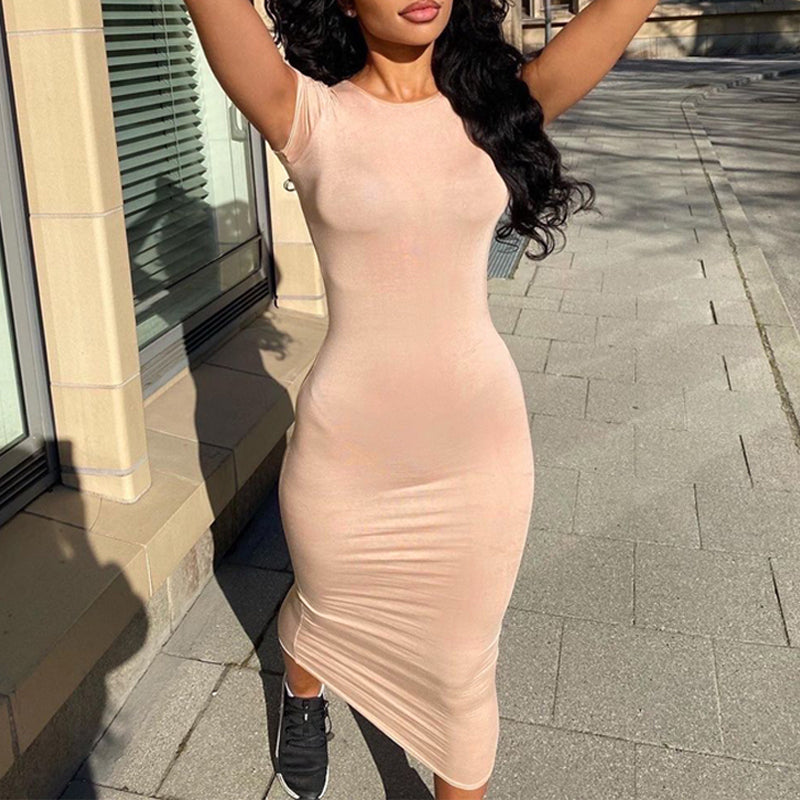Voguable Short Sleeve O-Neck Solid Bodycon Dress Streetwear Y2K Party Casual Club Maxct